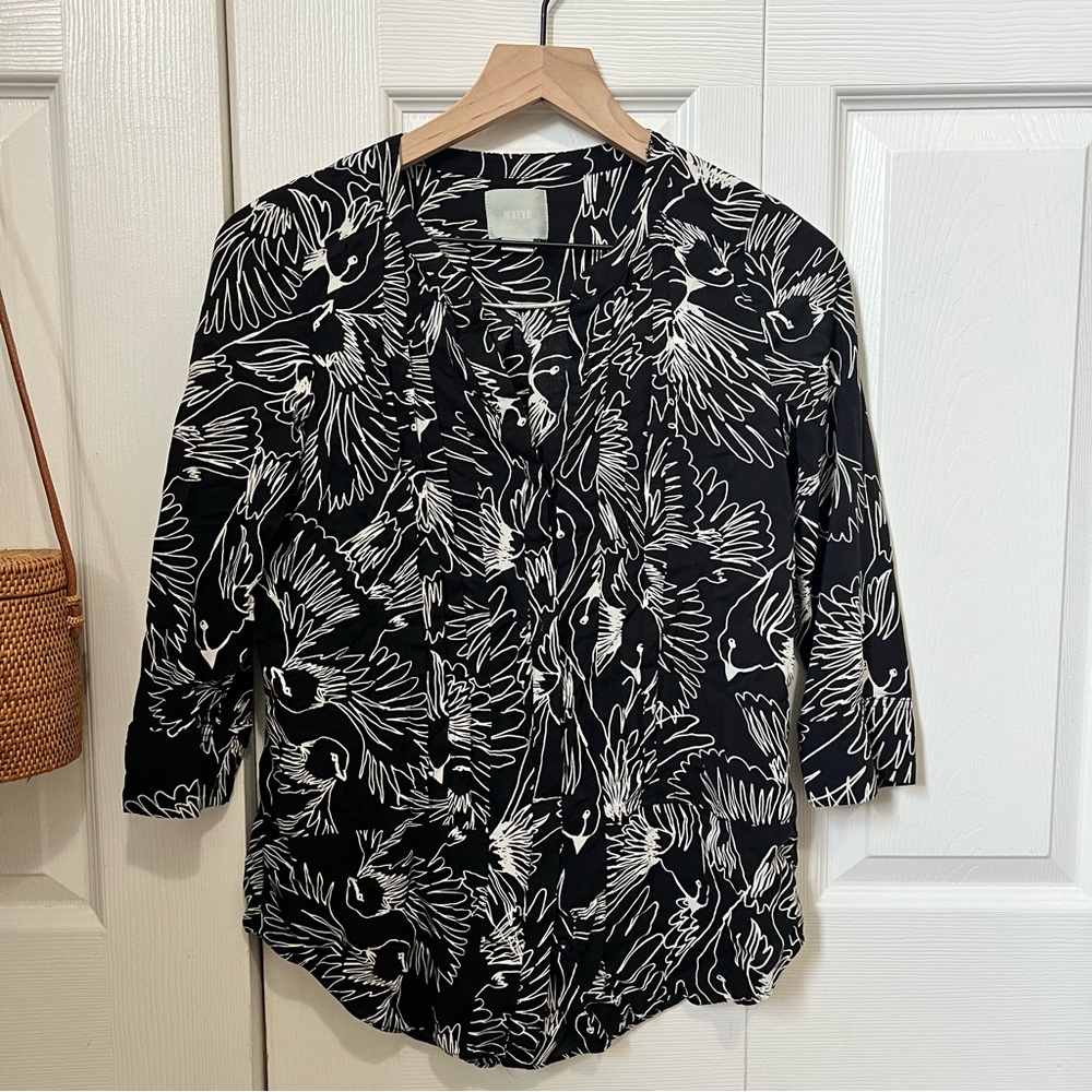 Maeve Black and White Bird Patterned Blouse